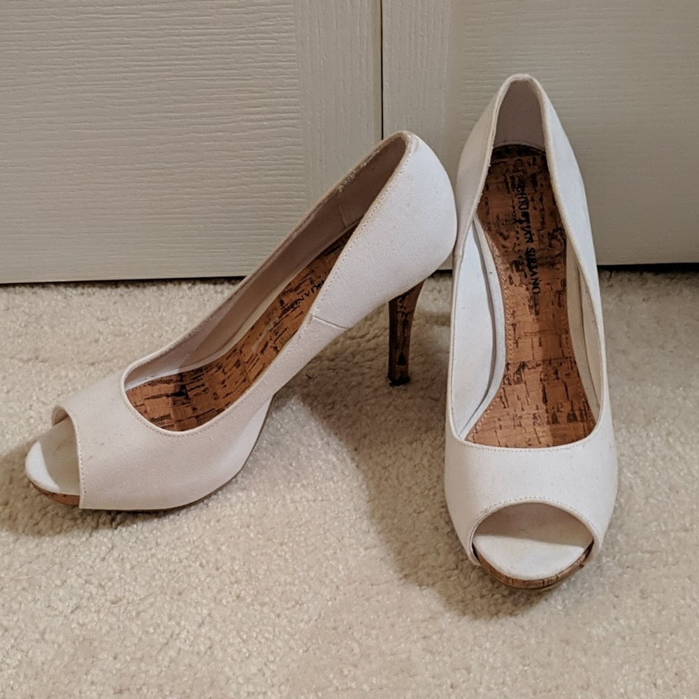 White and cork high heels